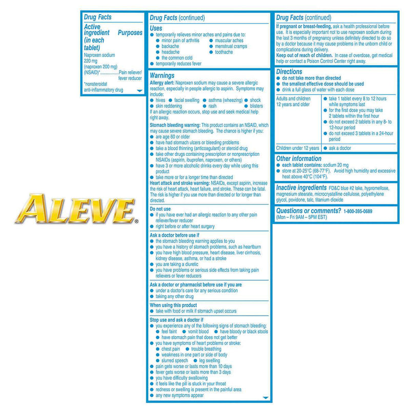 Aleve Naproxen Sodium 220 mg. Soft Grip Arthritis Cap Pain Reliever/Fever Reducer, 320 Tablets