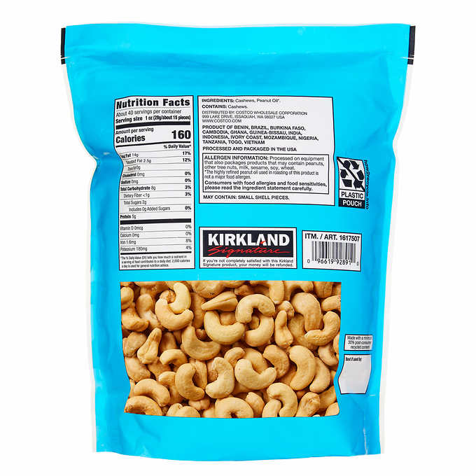 Kirkland Signature Whole Fancy Unsalted Cashews, 2.5 lbs