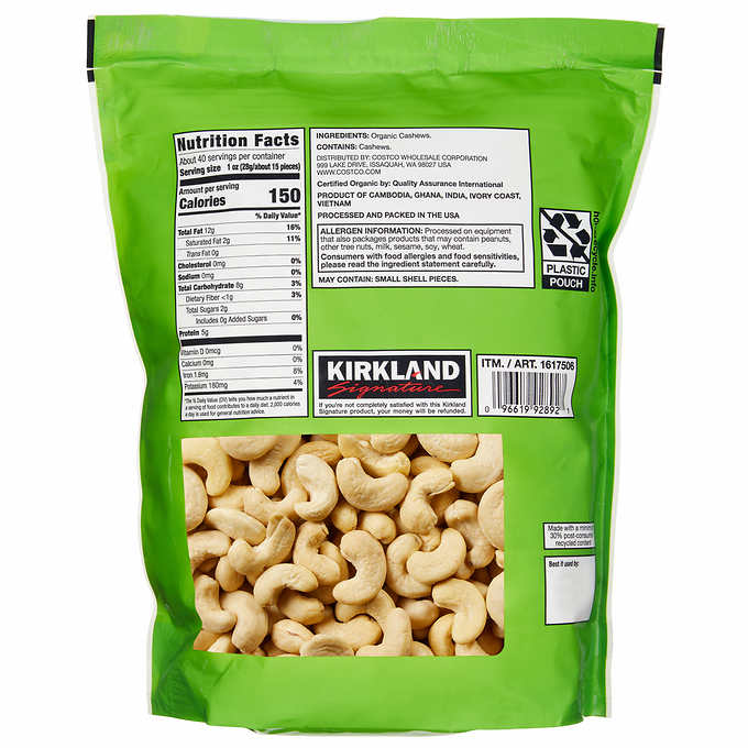 Kirkland Signature Organic Whole Cashews, Unsalted Unroasted, 40 oz