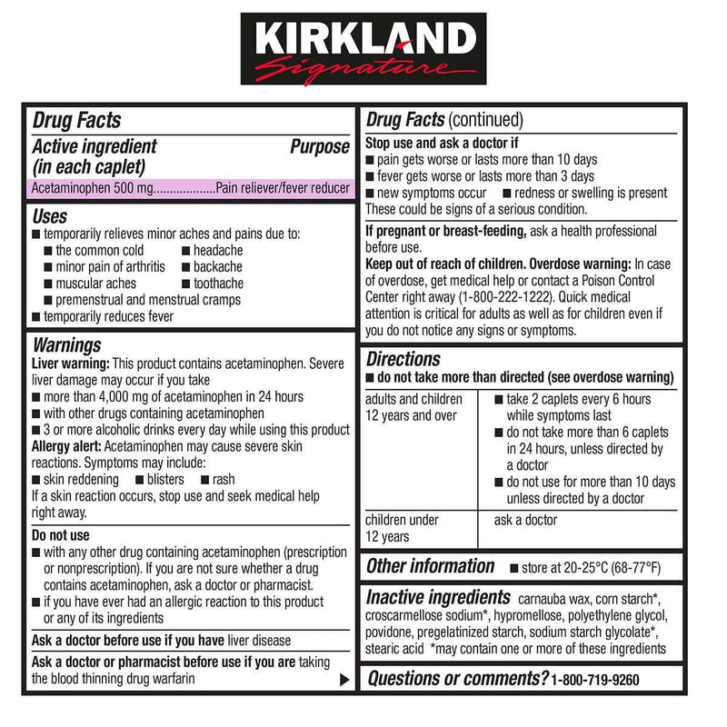 Kirkland Signature Extra Strength Acetaminophen 500 mg., 1,000 Caplets - Home Deliveries