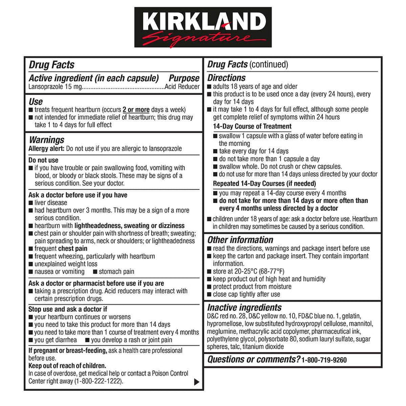 Kirkland Signature Lansoprazole 15 mg. Acid Reducer, 42 Capsules