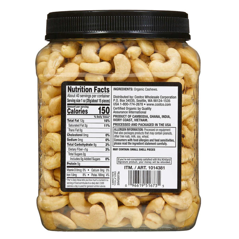 Kirkland Signature Organic Whole Cashews, Unsalted Unroasted, 40 oz