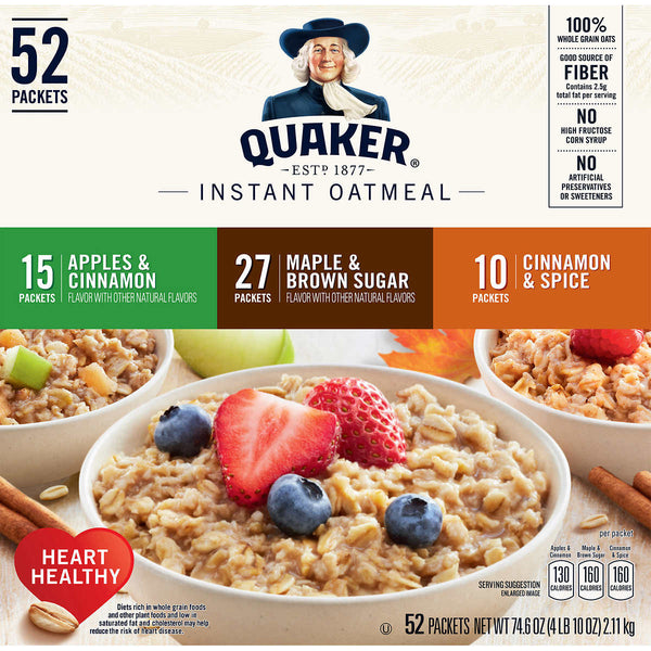 Quaker Oats Instant Oatmeal, Variety Pack, 52-count ) | Home Deliveries