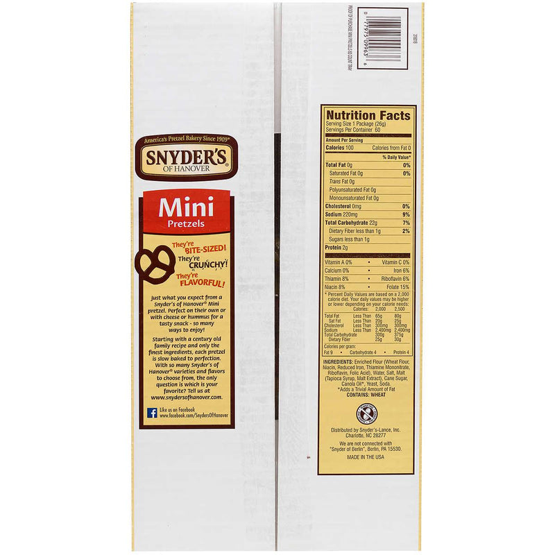 Snyder's of Hanover Mini Pretzels, 0.9 oz, 60-count