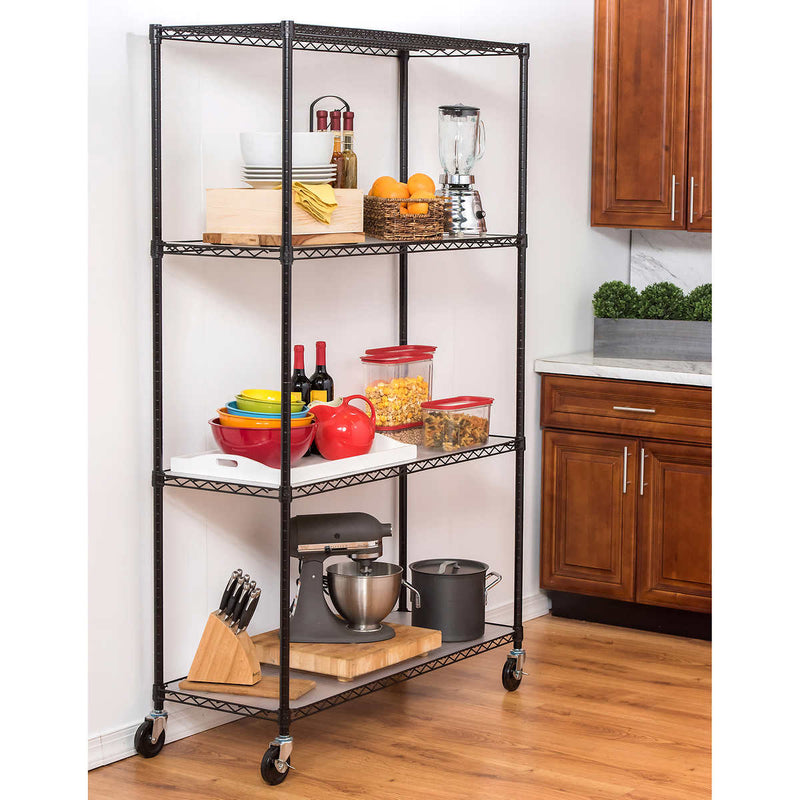 TRINITY 4-Tier Wire Shelving Rack, 48” x 18” x 72”, NSF, Includes Wheels and Liners, Black ) | Home Deliveries