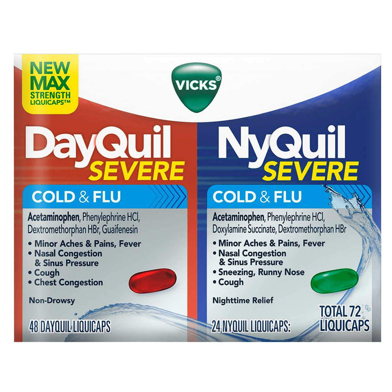 Vicks Severe DayQuil and NyQuil Cough, Cold and Flu Relief, 72 LiquiCaps - Home Deliveries